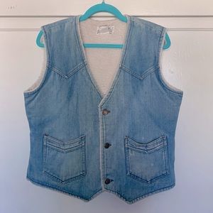 Faux sheepskin lined vintage denim vest, brass buttons, front pockets